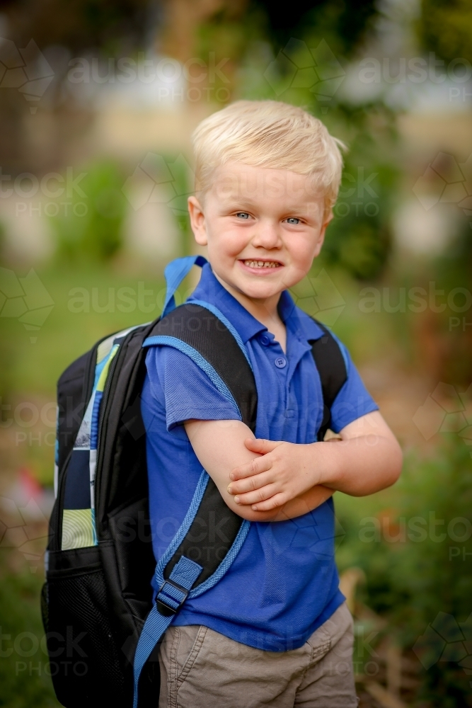 First day of kindergarten. Back to school portrait of kindergarten age boy - Australian Stock Image