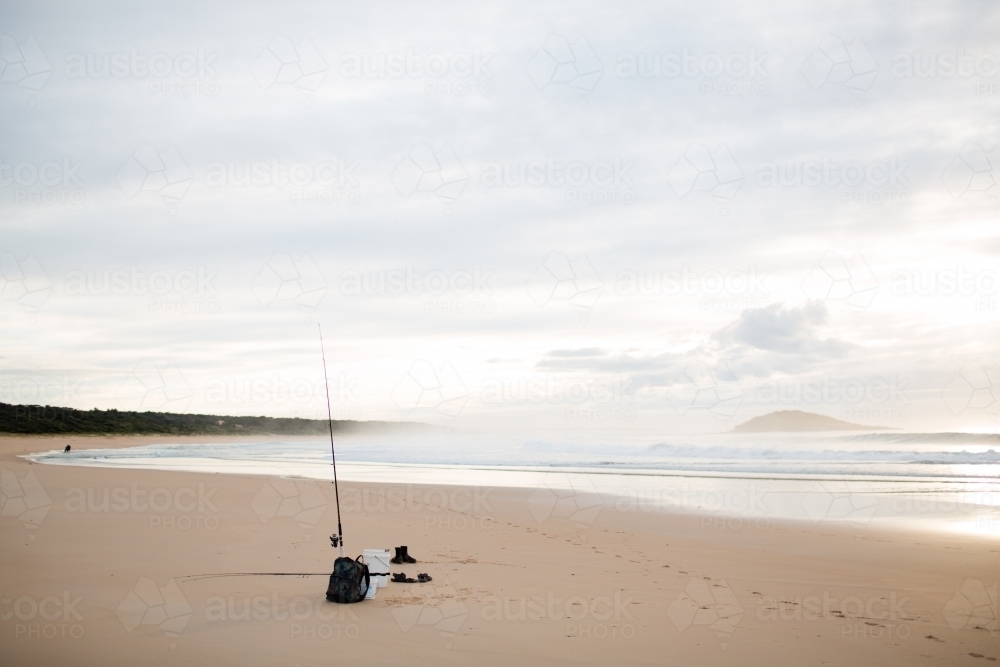 fishing gear on south coast Nsw beach - Australian Stock Image