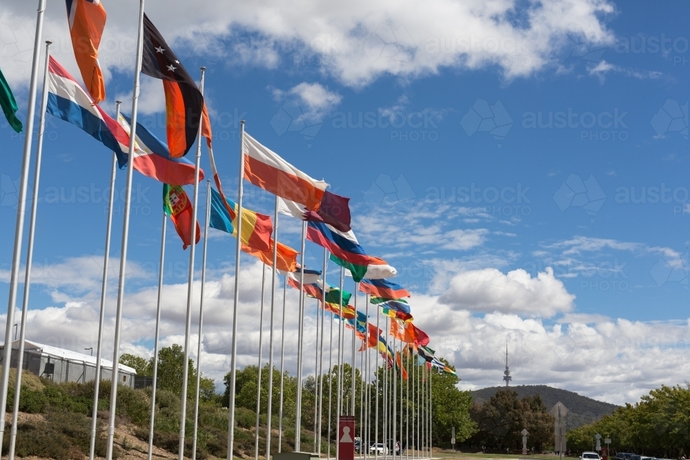 Flags of every diplomatic mission, Canberra - Australian Stock Image