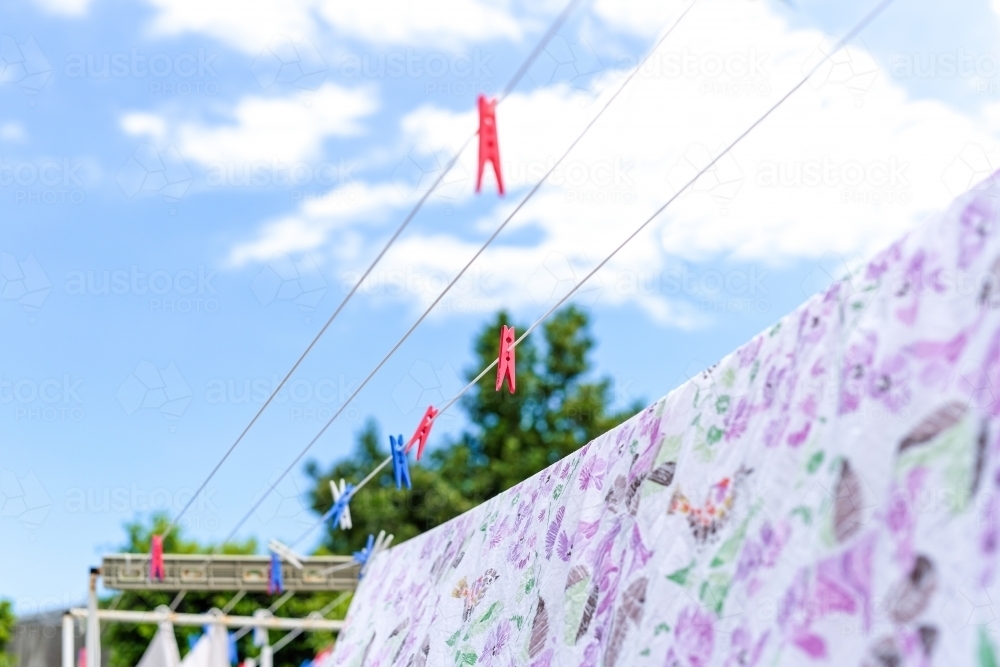 Floral bed sheet hanging on the line drying in the sun - Australian Stock Image