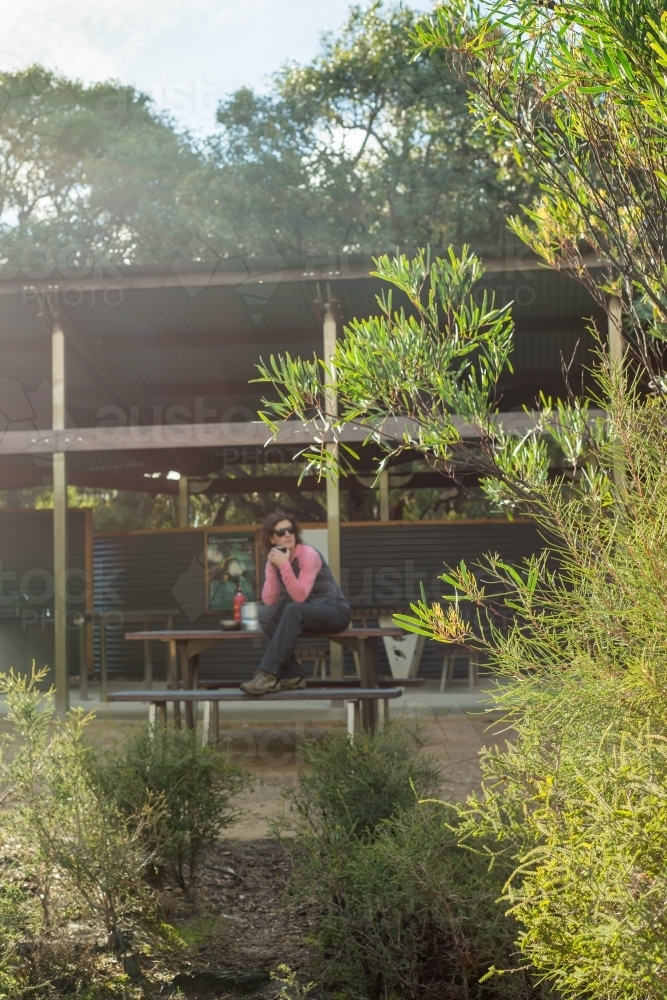 focus on bush with Woman hiking Kangaroo Island Wilderness Trail resting at table - Australian Stock Image