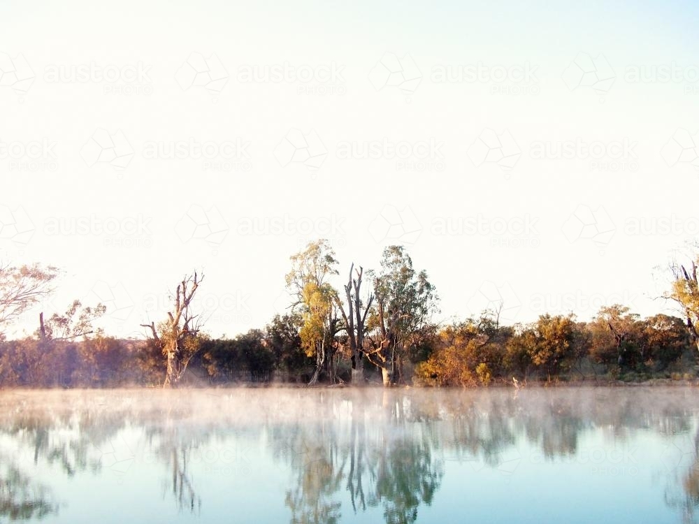 Foggy river and bush at sunset - Australian Stock Image