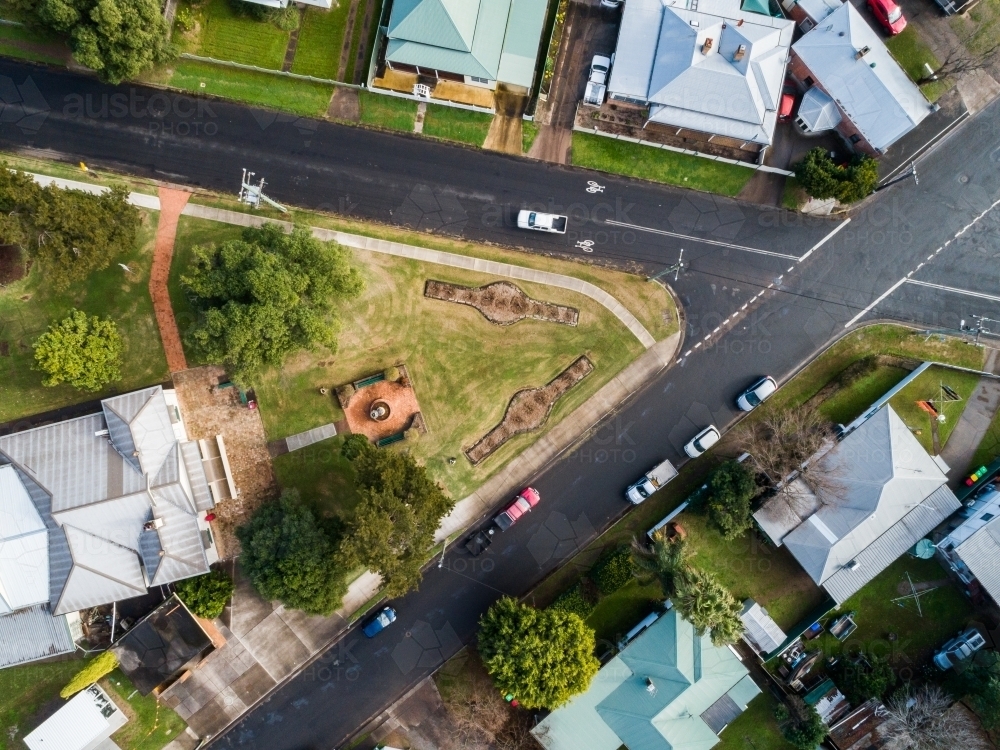 Fountain and museum in Burdekin park Singleton top down from drone - Australian Stock Image