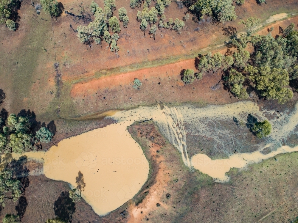 Full creek and overflowing dam in rural paddock - Australian Stock Image