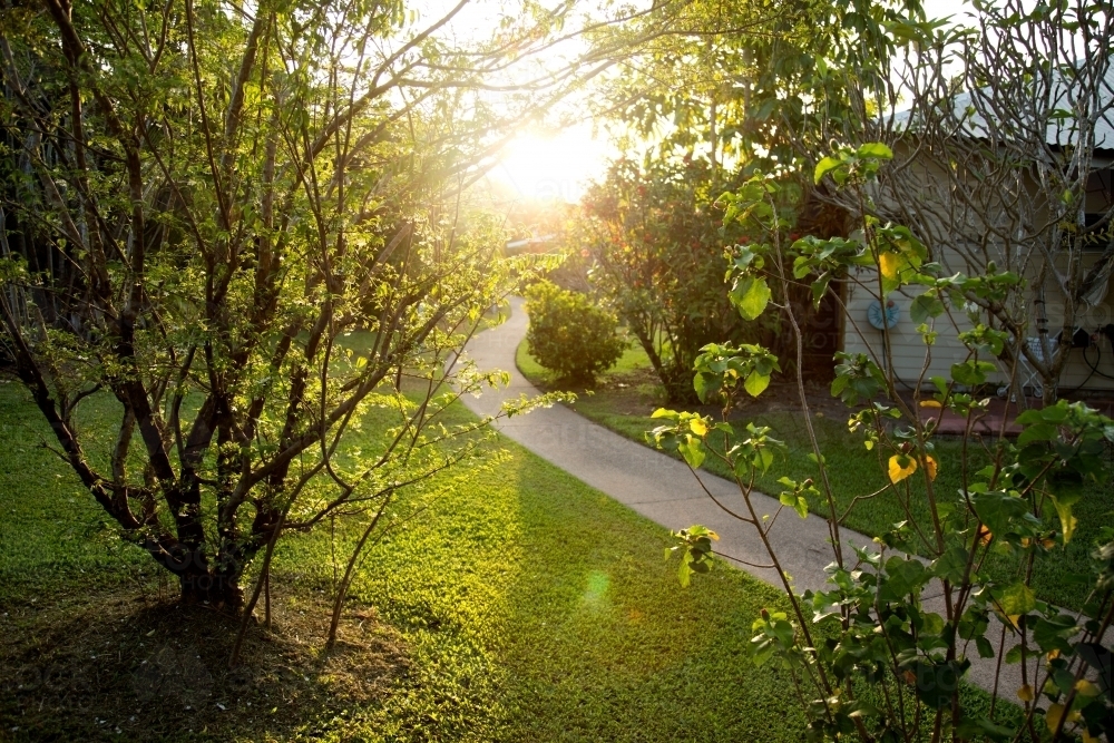 Garden path with sun flare in the afternoon - Australian Stock Image