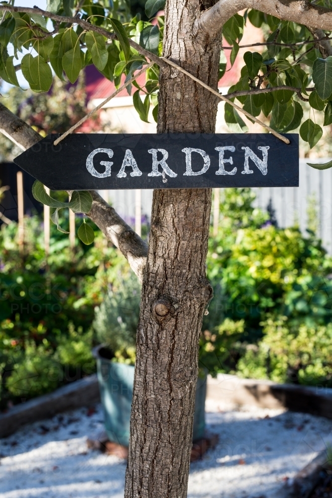 Garden sign hanging on a tree - Australian Stock Image