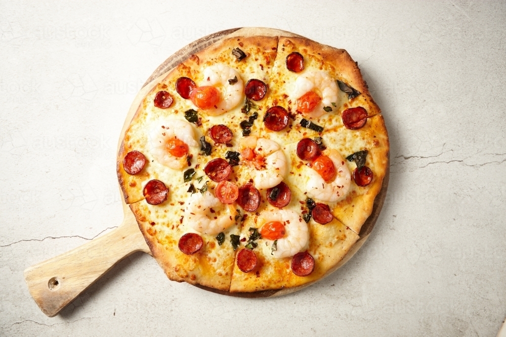 Garlic prawns pizza - Australian Stock Image