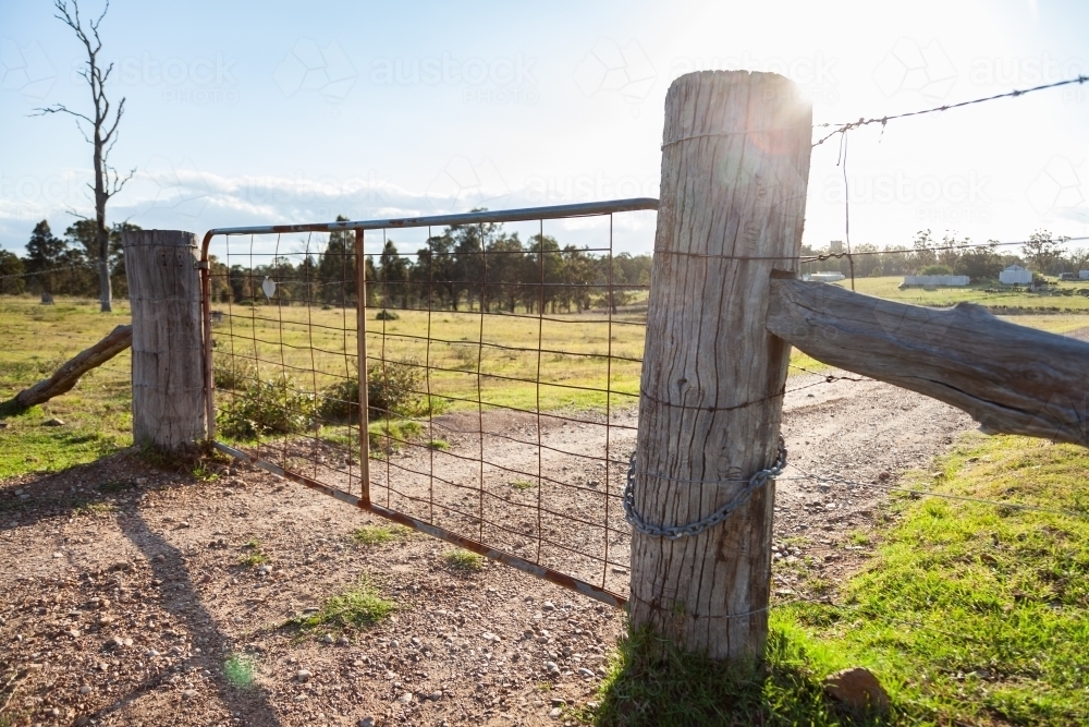 Gate between paddocks on farm - Australian Stock Image