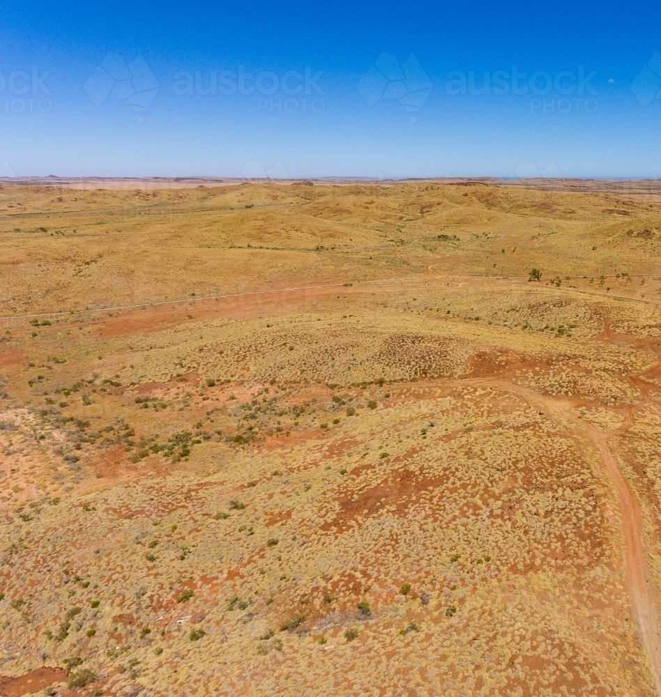 gently undulating Pilbara landscape covered in spinifex under a blue sky - Australian Stock Image