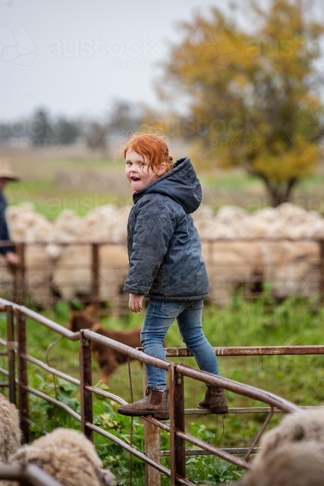 Girl having fun in the sheep yards - Australian Stock Image