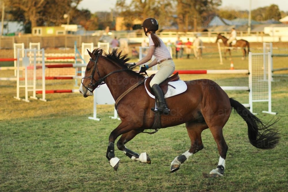 Image of Girl riding brown horse around the show jumping course at the ...