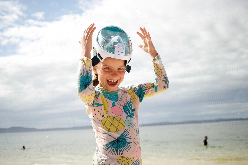 Girl smiling with her goggles on her forehead - Australian Stock Image