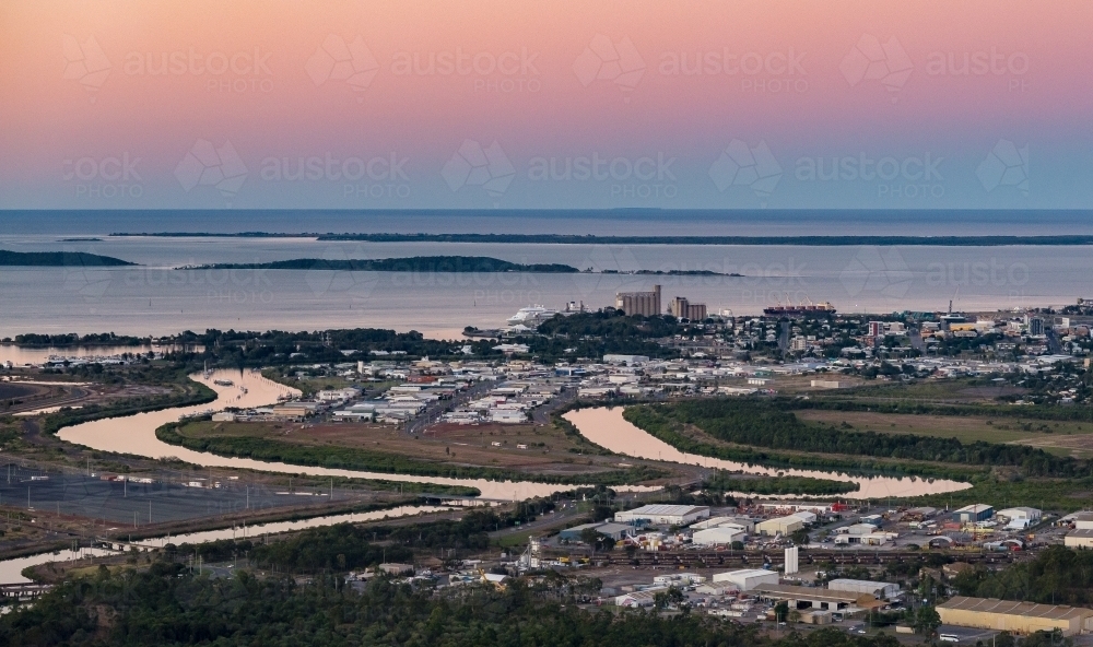 Gladstone Harbour at sunset with the Coral Sea in the distance - Australian Stock Image