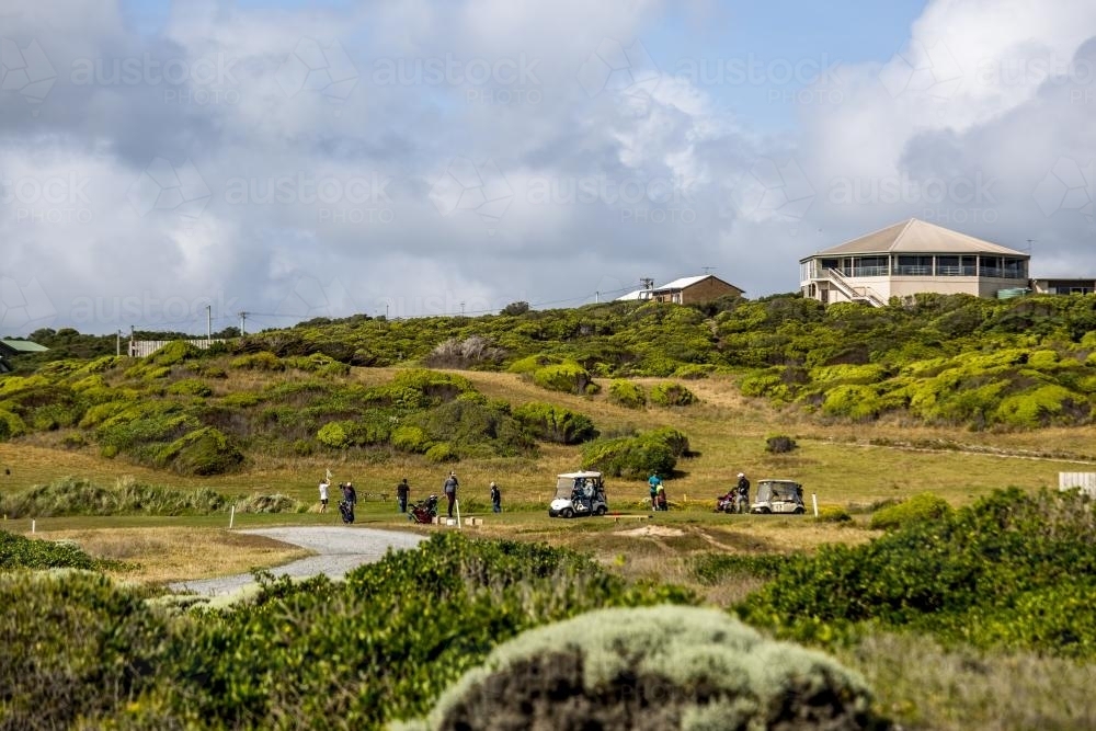 Golfers prepare to tee off at the Currie Golf Course - Australian Stock Image