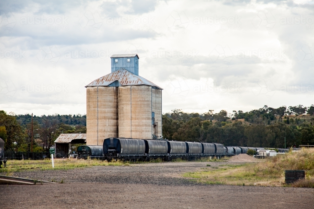 Grain silos with train beside railway - Australian Stock Image