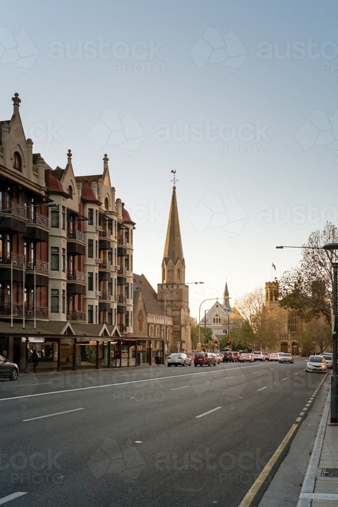 grand old buildings and church in Adelaide City, scene at dusk - Australian Stock Image