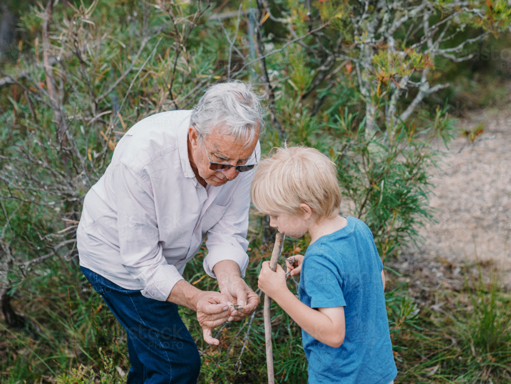 Grandfather exploring Australian Bushland with grandson - Australian Stock Image