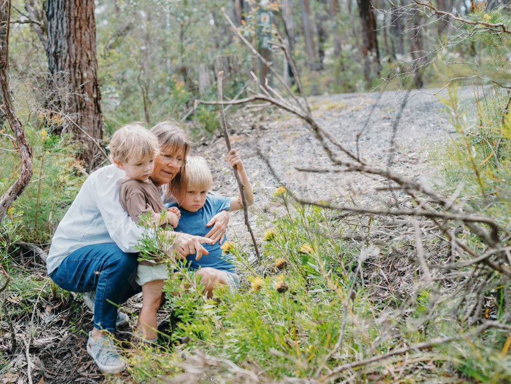 Grandmother enjoying Australian Bushland with her Grandsons - Australian Stock Image