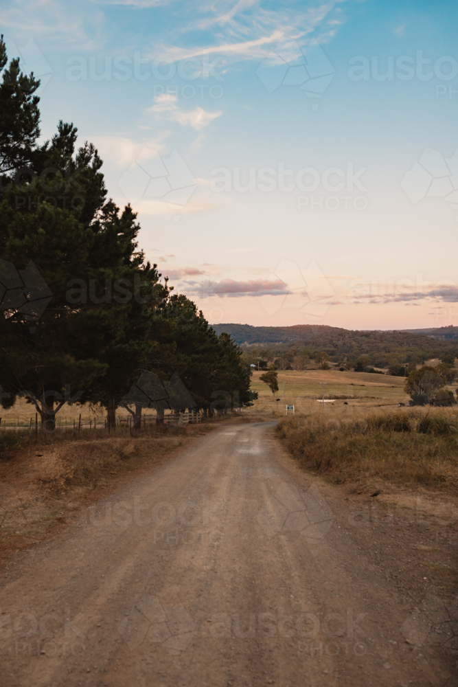 Gravel road leading through rural Australian countryside at sunset - Australian Stock Image