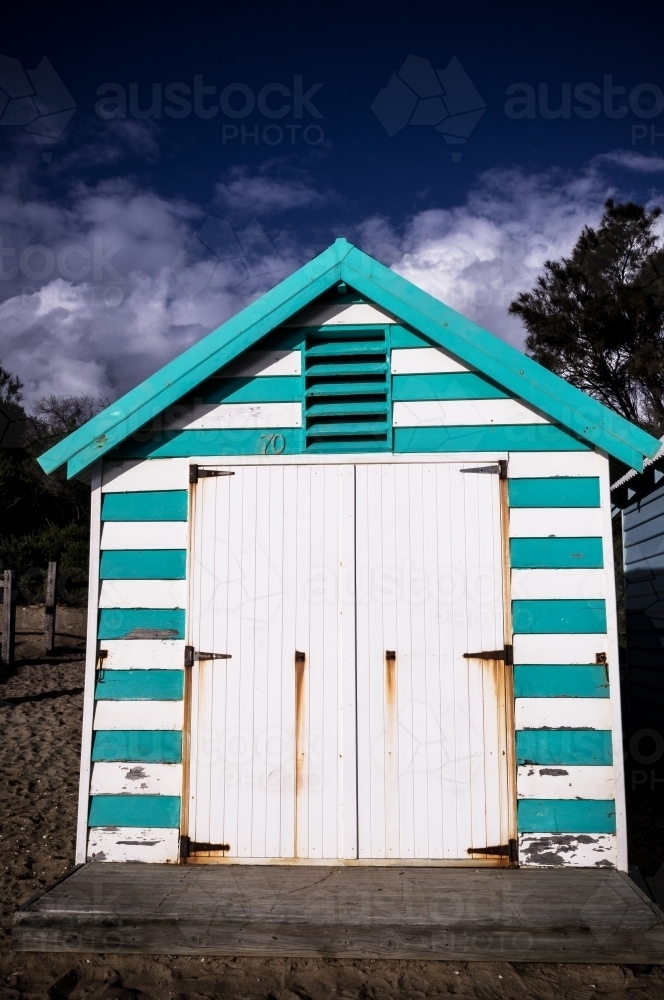 Green and White Beach Box, Brighton, Melbourne, Victoria - Australian Stock Image