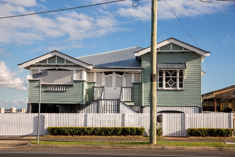 green and white Queenslander house in Paddington suburb - Australian Stock Image