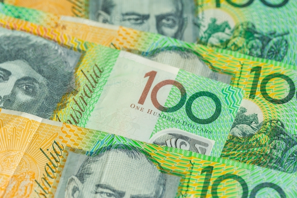 Green australian one hundred dollar notes in cash - Australian Stock Image