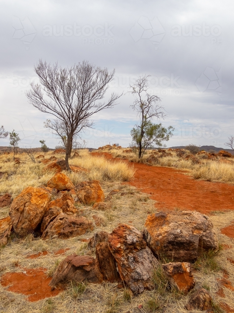 grey sky red dirt and rocky outcrop in Central Australia - Australian Stock Image