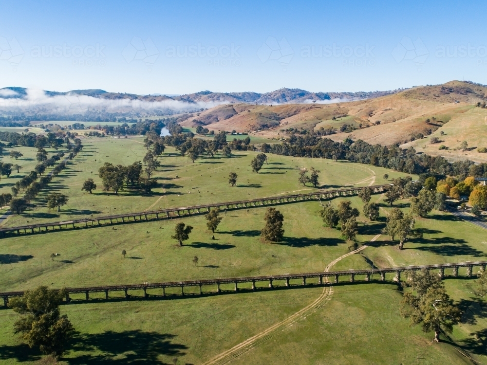 Gundagai Historic Bridges in autumn, aerial - Australian Stock Image