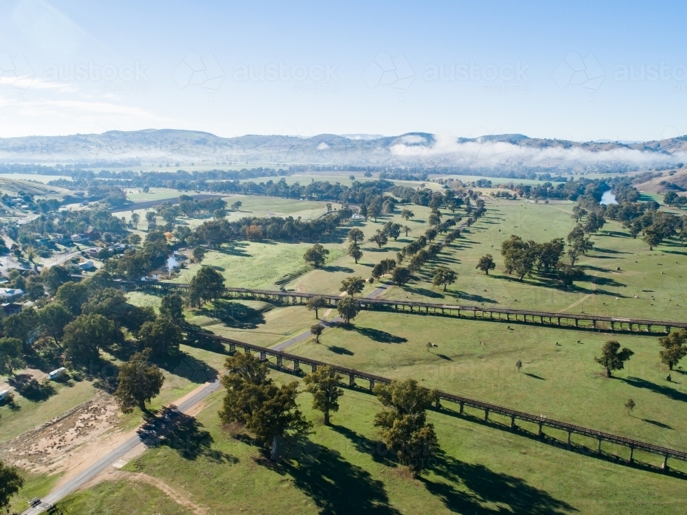 Gundagai Historic Bridges in autumn, aerial - Australian Stock Image