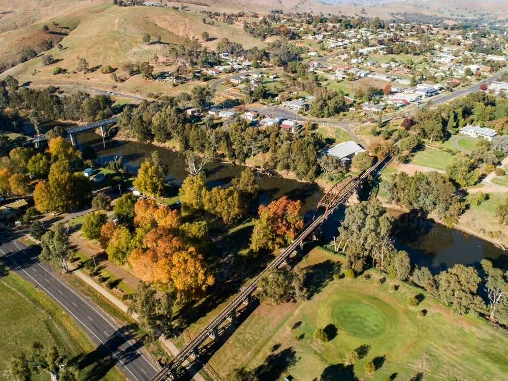 Gundagai Historic Bridges in autumn, aerial - Australian Stock Image