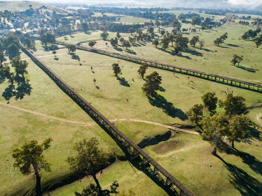 Gundagai Historic Bridges in autumn, aerial - Australian Stock Image