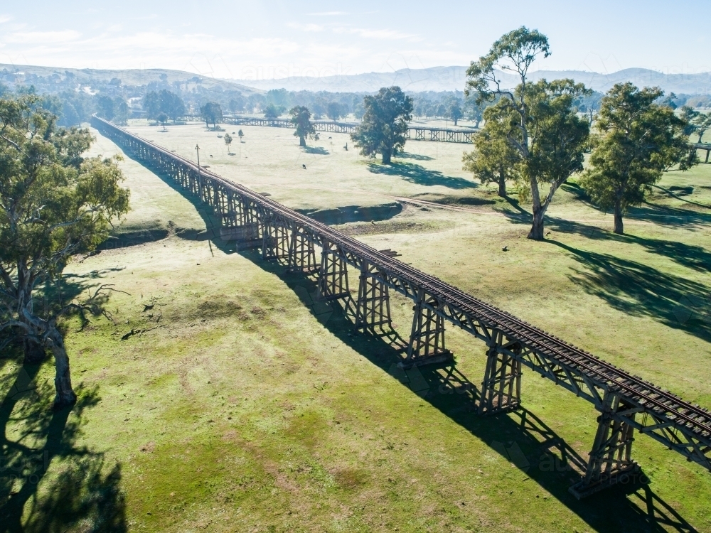 Gundagai Historic Bridges in autumn, aerial - Australian Stock Image