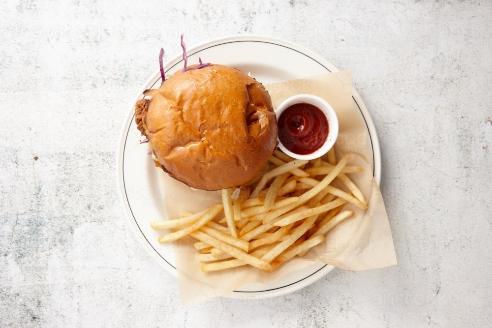 Hamburger and fries on plate - Australian Stock Image