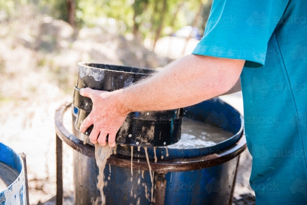 Hand holding fossicking sieve over drum of water - Australian Stock Image