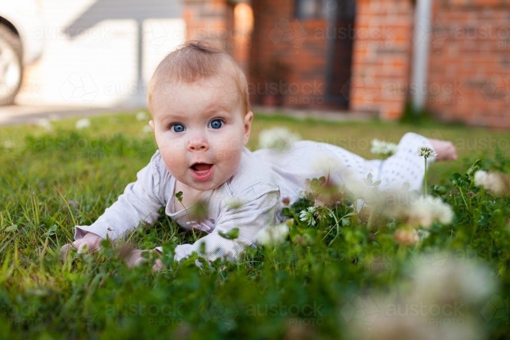 Happy baby from young Caucasian family on front yard grass outside of home - Australian Stock Image