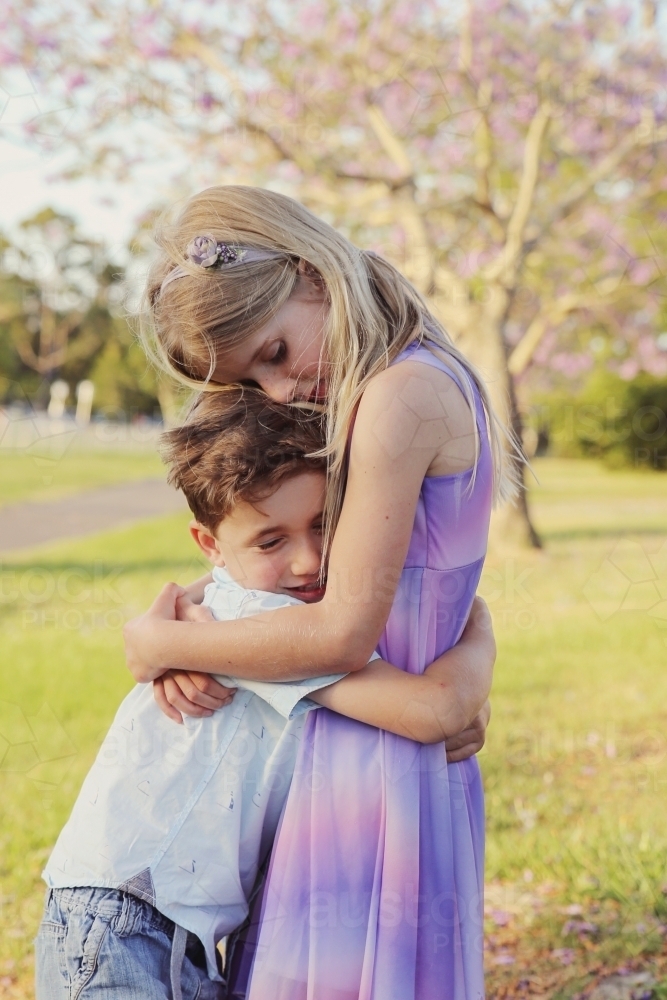 Image of Happy brother hugs big sister in the park pic