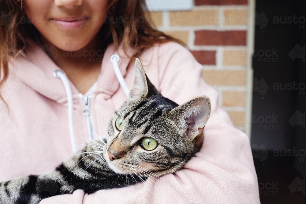 Image of Happy multicultural teen holding cat - Austockphoto