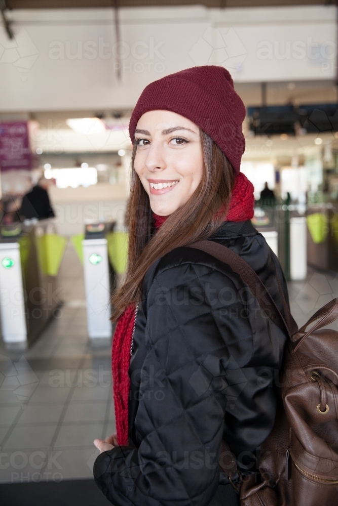 Happy Traveler Going to Catch the Train - Australian Stock Image