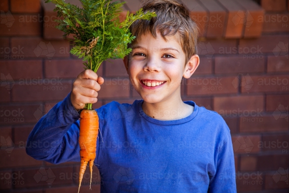 Happy young boy with huge home grown carrot from veggie garden - Australian Stock Image