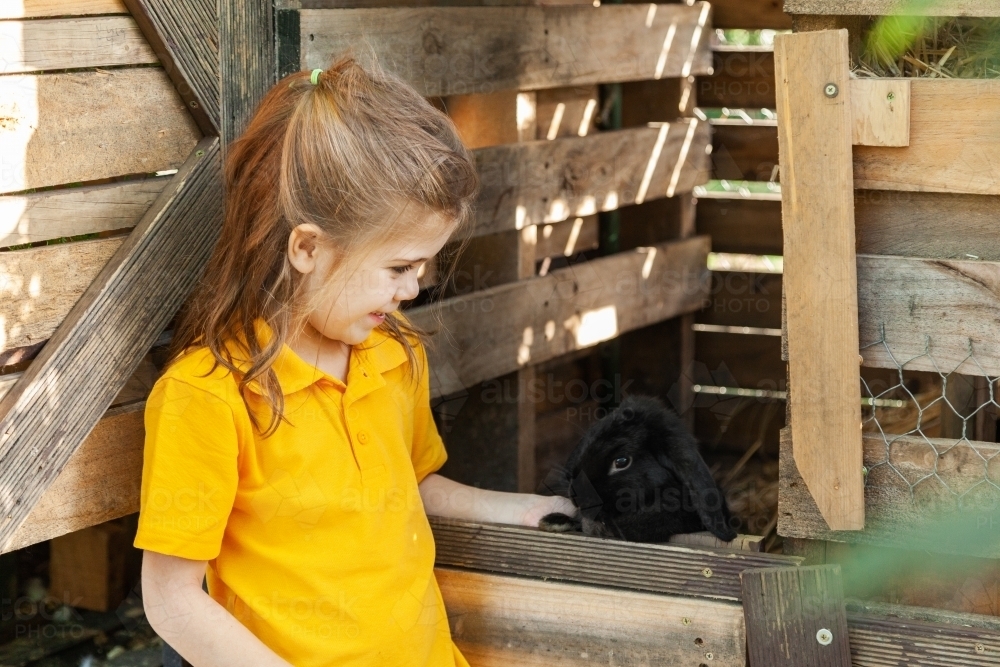 Happy young school girl on aussie farm with her pet bunny - Australian Stock Image