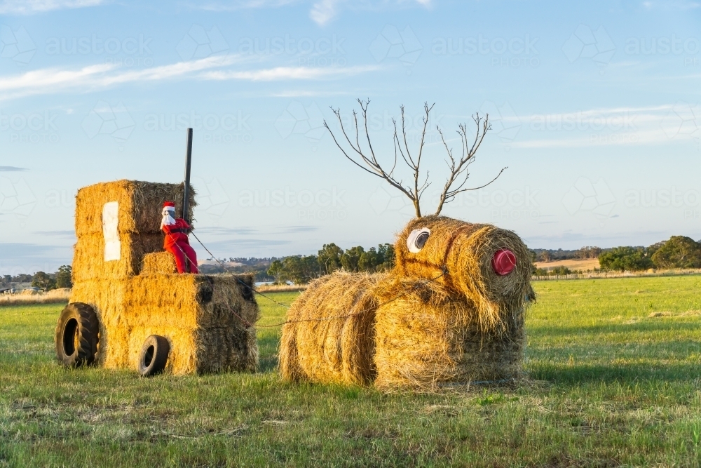 Hay bales in a paddock arranged in a Christmas theme - Australian Stock Image