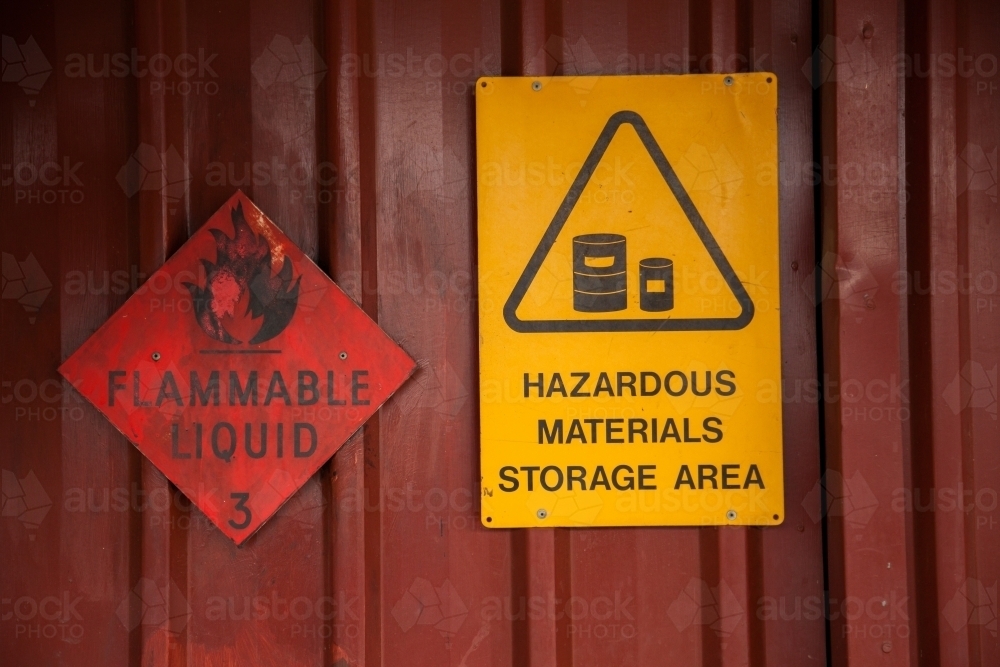 Hazardous materials storage area sign - Australian Stock Image