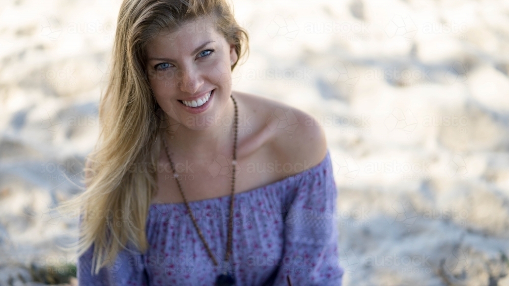 Headshot of beach girl looking at camera - Australian Stock Image