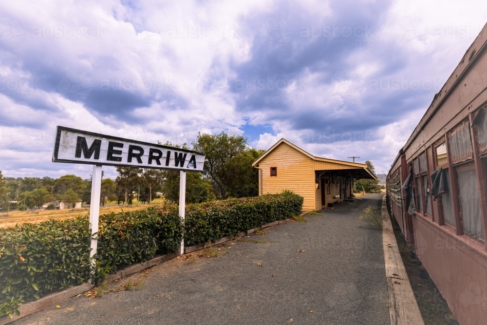 Historic passenger train parked at the unused station on display by the Merriwa Railway Society - Australian Stock Image