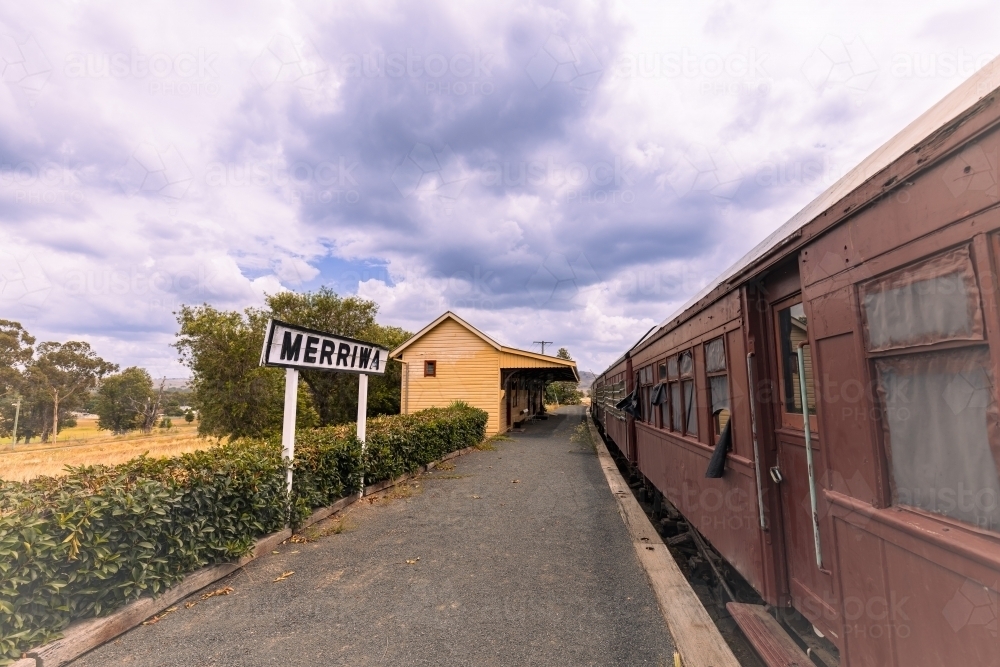 Historic passenger train parked at the unused station on display by the Merriwa Railway Society - Australian Stock Image