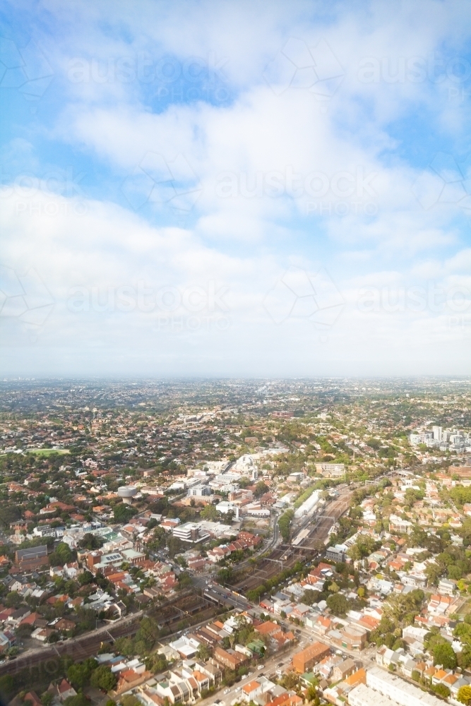 Horizon hazy with smoke over houses and streets in Sydney city - Australian Stock Image