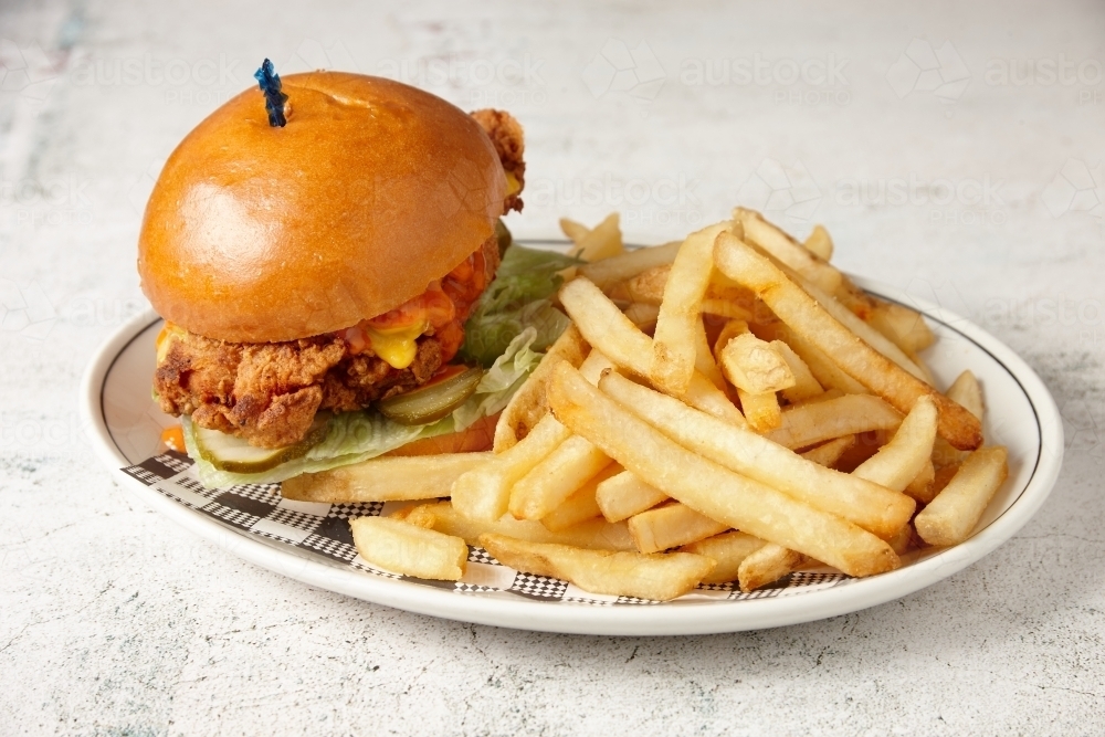 horizontal close up shot of a chicken burger with coleslaw and fries placed in a white plate - Australian Stock Image