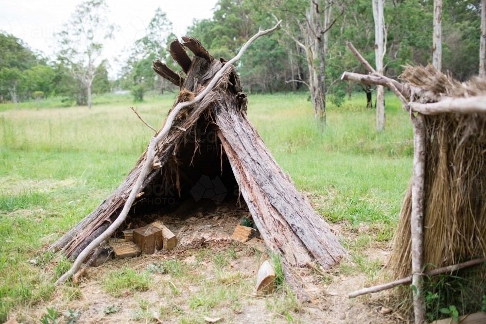 Horizontal shot of a driftwood teepee - Australian Stock Image