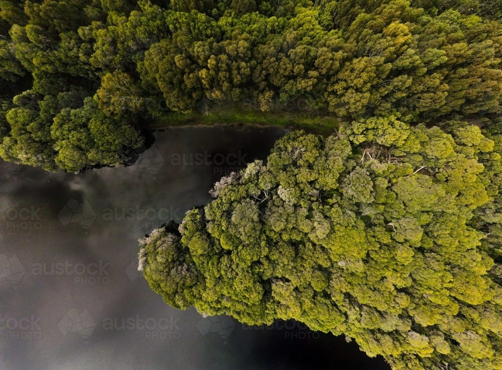 horizontal shot of an island with green trees and bushes beside a river - Australian Stock Image