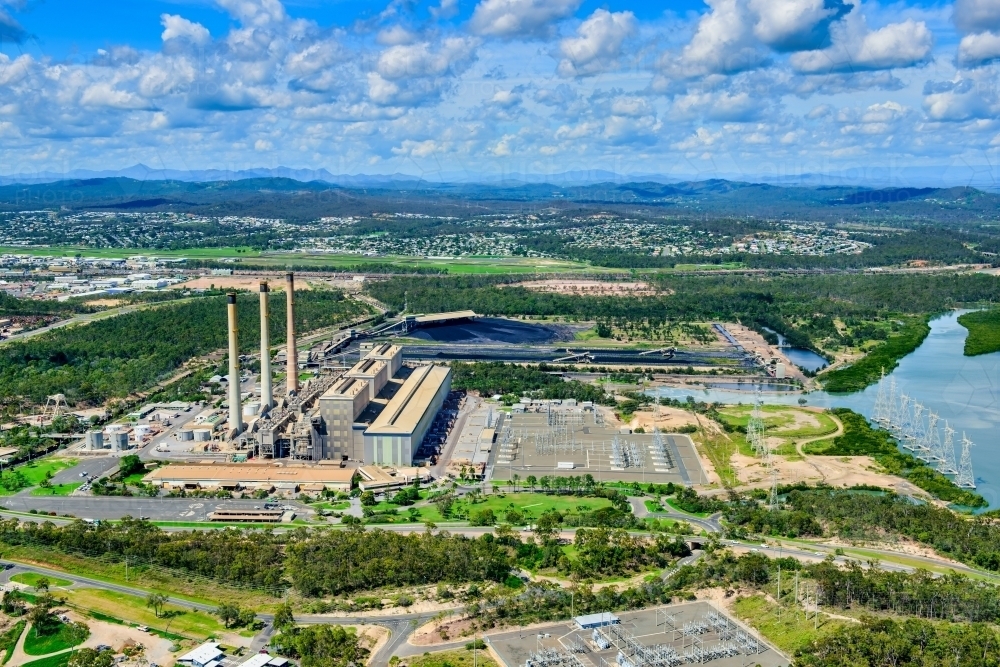 Horizontal shot of coal fired power station in Gladstone, Queensland - Australian Stock Image